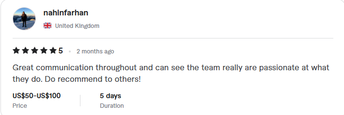 Review from nahlnfarhan: five stars, great communication throughout, team is passionate, recommended to others
