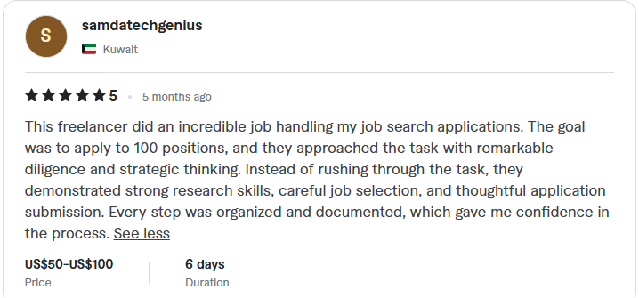 Review from samdatechgenlus: five stars, job search applications handled with diligence, strong research, and organized documentation