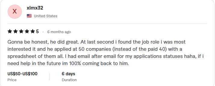 Review from xlmx32: five stars, applied to 50 companies with a full spreadsheet of application statuses